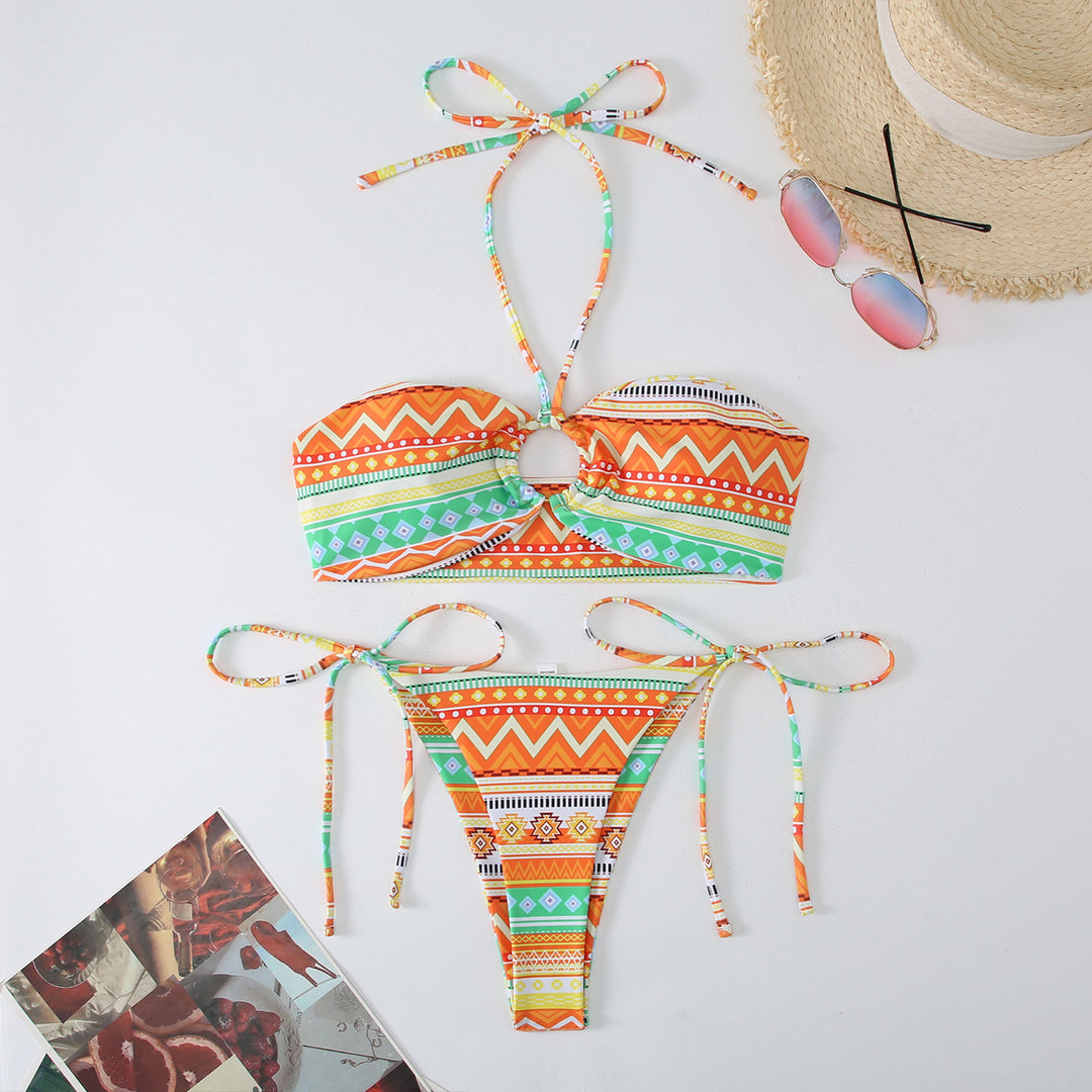 Dame Bandeau-Bikini-sæt med legende tribal-mønster og justerbare stropper Stilla