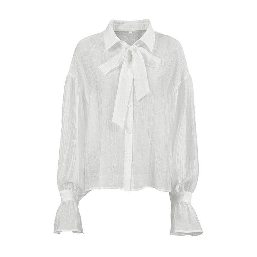 Dame elegant bluse med båndkrave og vide ærmer Stilla