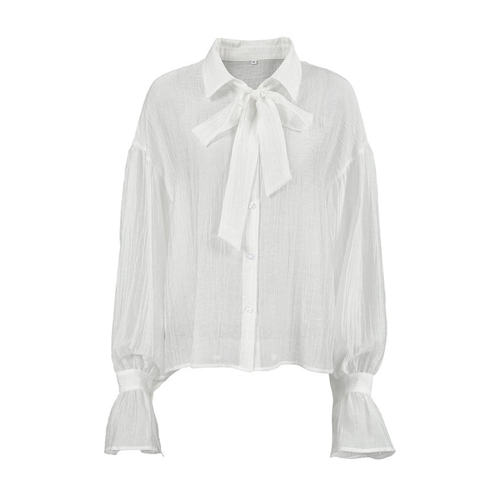 Dame elegant bluse med båndkrave og vide ærmer Stilla