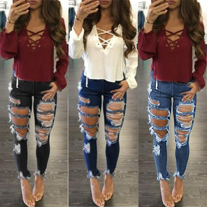 Damer Skinny Jeans i trendy vintage destroyed-look med fashionable riftdetaljer og høj talje Stilla