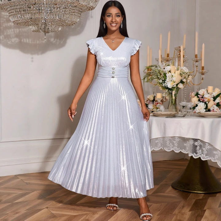 Dame elegant maxi kjole med skinnende overmateriale og struktureret taljeparti Skovae