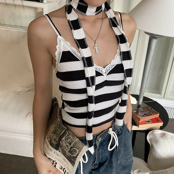 Damer Stribet Crop-Top med Blonderdetaljer og Bindebånd Stilla