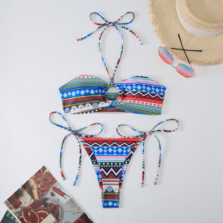 Dame Bandeau-Bikini-sæt med legende tribal-mønster og justerbare stropper Stilla