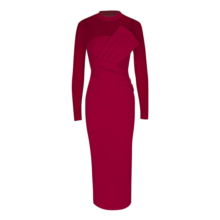 Dame Elegant Langærmet Midi-Kjole med raffineret drapering og figursyet silhuet Skovae