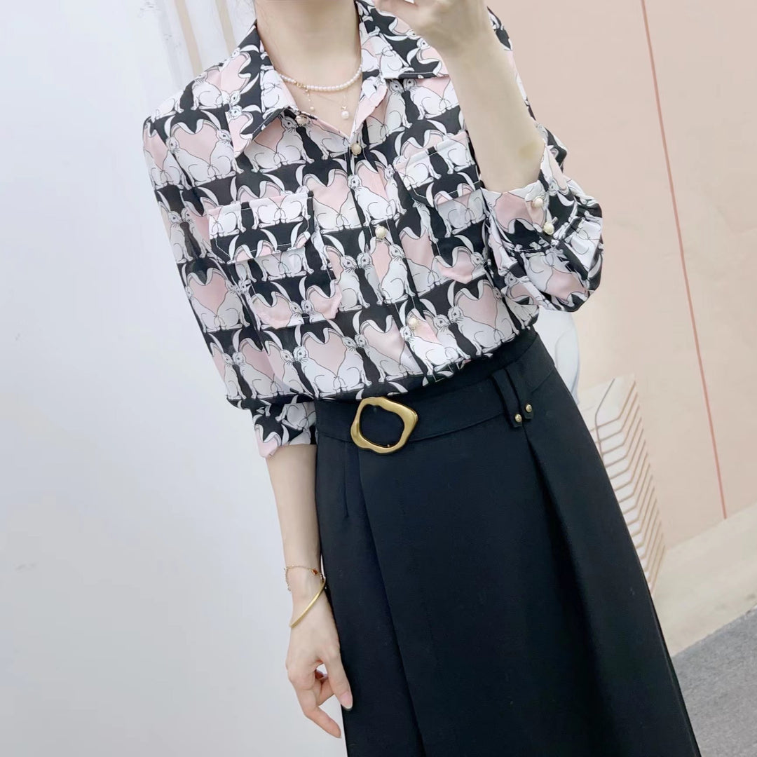 Dame Gennemsigtig Bluse med kunstnerisk Dyremotiv og elegante Detaljer Stilla