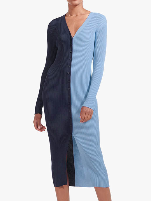 Stilla | Afslappet V-hals Bodycon Front Split Strik Trøje Kjole