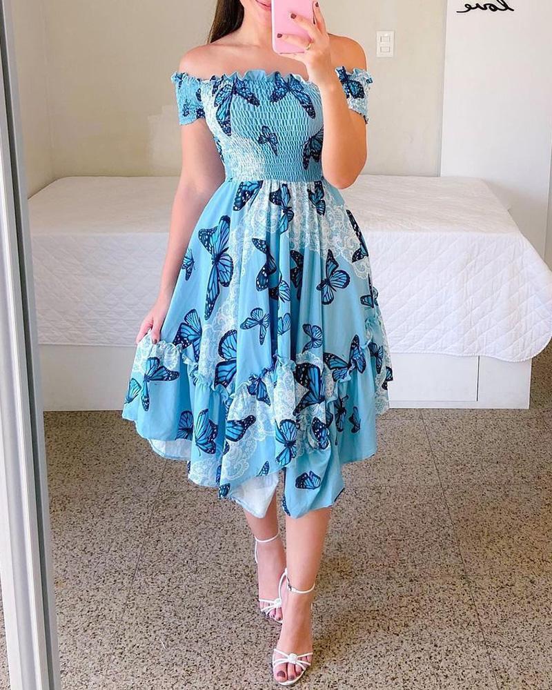 Stilla | Elegant Skulder-Baring Print Midi Kjole