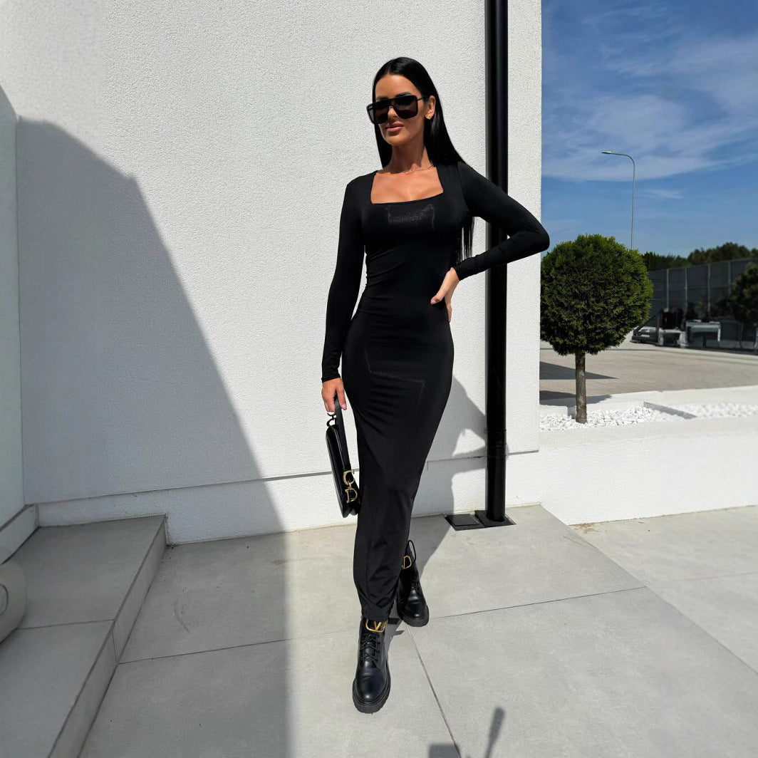 Dame Bodycon Maxikjole med elegant firkantet udskæring og lange ærmer Stilla