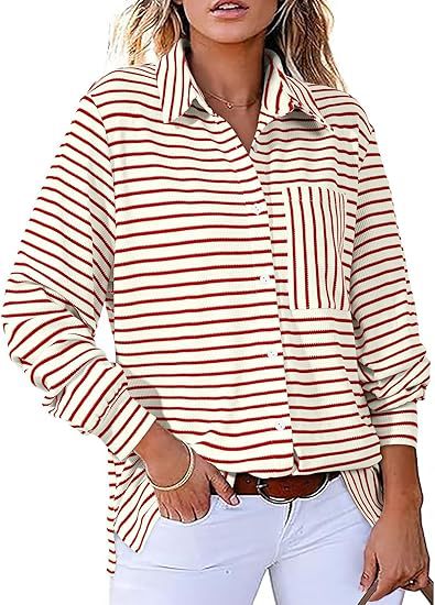 Damer Casual Stribet Bluse med Lomme og Knapstolpe Stilla