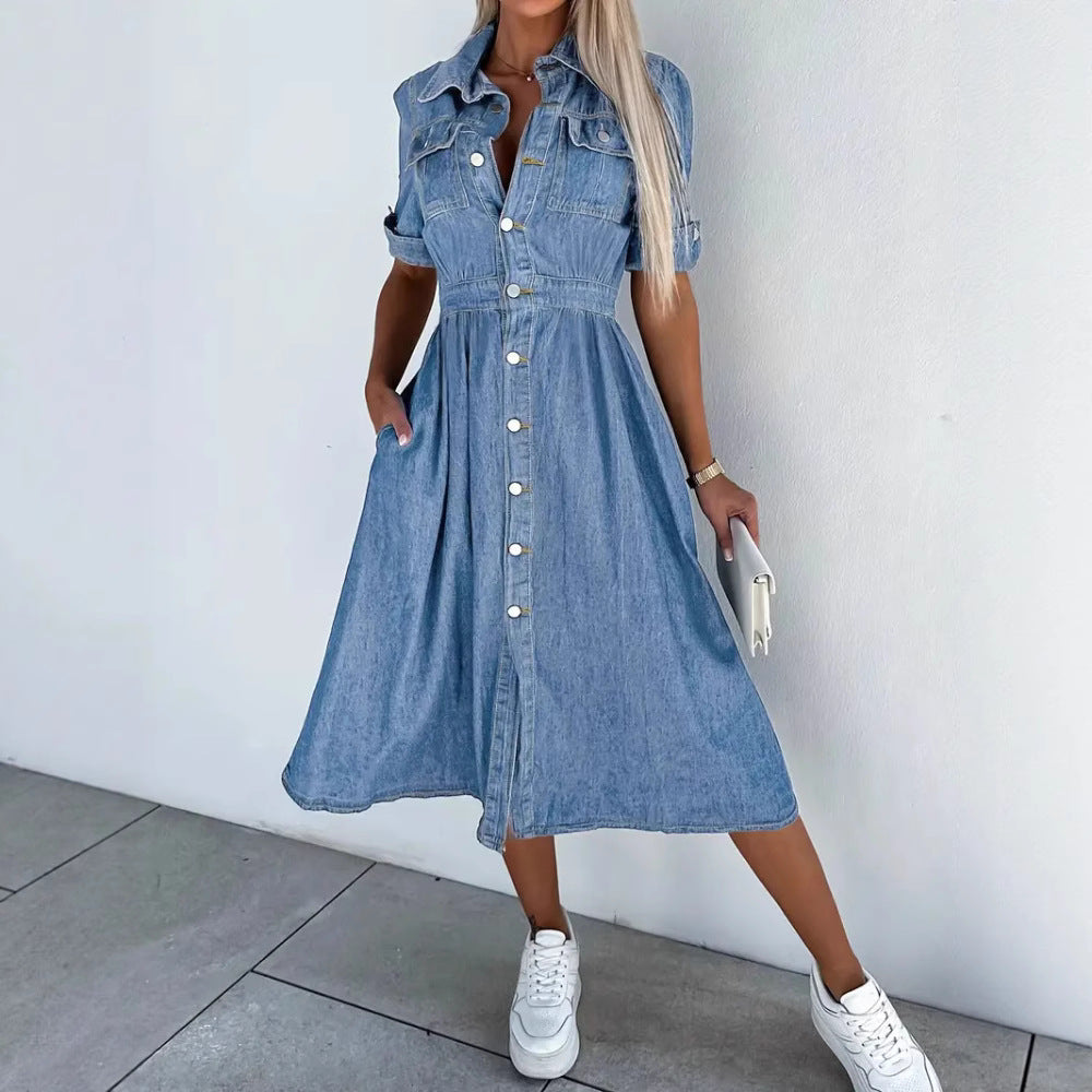 Dame Button-Up Denim Skjorte Kjole Stilla