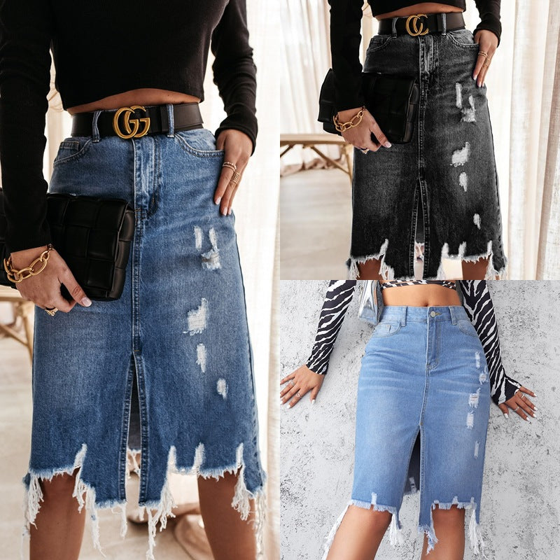 Dame Midi-Denimnederdel med fremragende destroyed-detaljer og moderigtigt slids Stilla