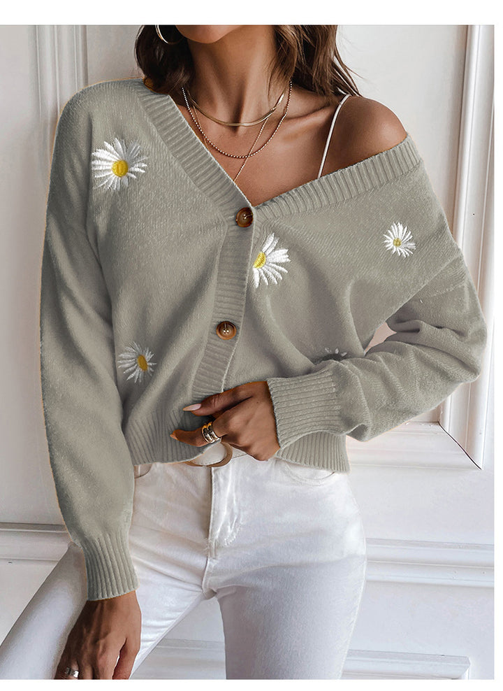 Dame Casual Strikjakke med florale Broderimotiver Stilla