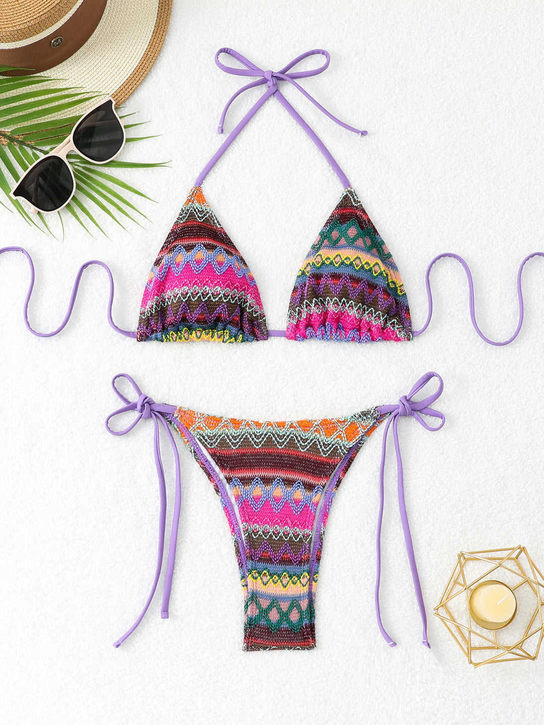 Dame Triangel-Bikini med farverigt etno-mønster og justerbare bindebånd Stilla