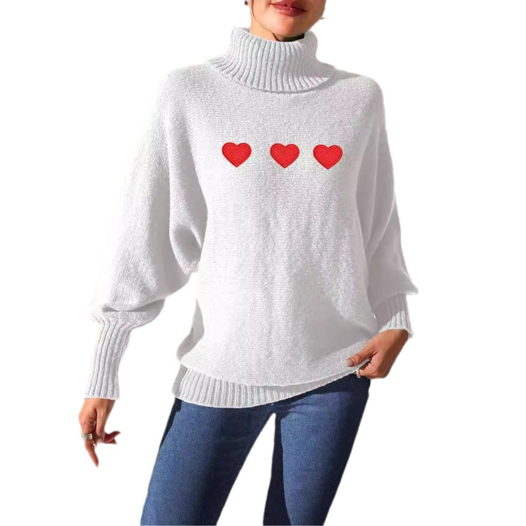 Dame Oversized Strikpullover med Rullekrave og Hjertemotiv Stilla