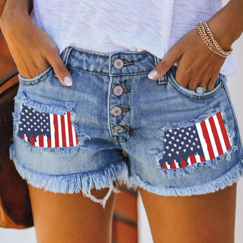 Dame Jeans-shorts med farverige patcher Stilla
