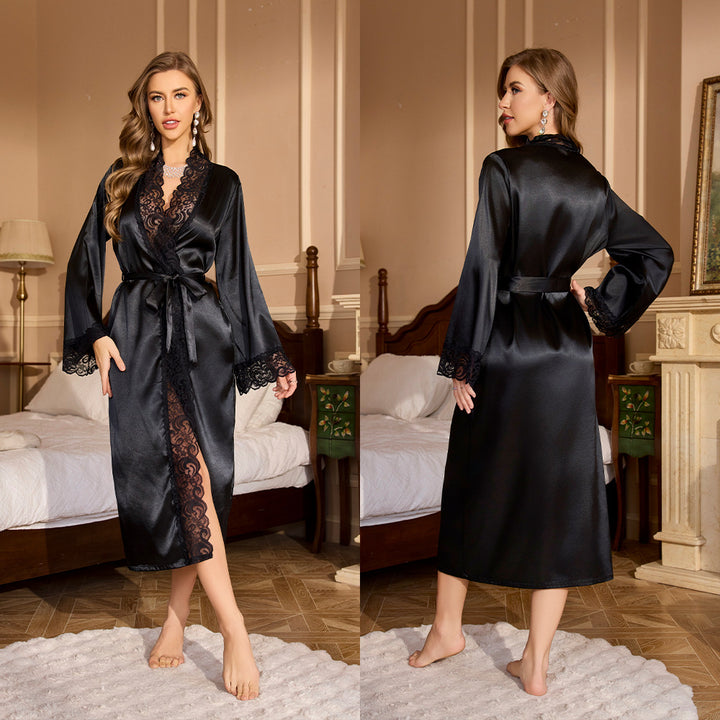 Dame Satin-Kimono-Kjole med elegante spidser og taljebælte Stilla