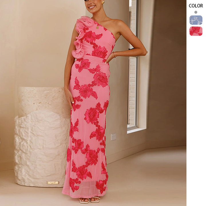 Kvinder Elegant Aftenkjole med Asymmetrisk Strop og Blomster Applikationer Stilla