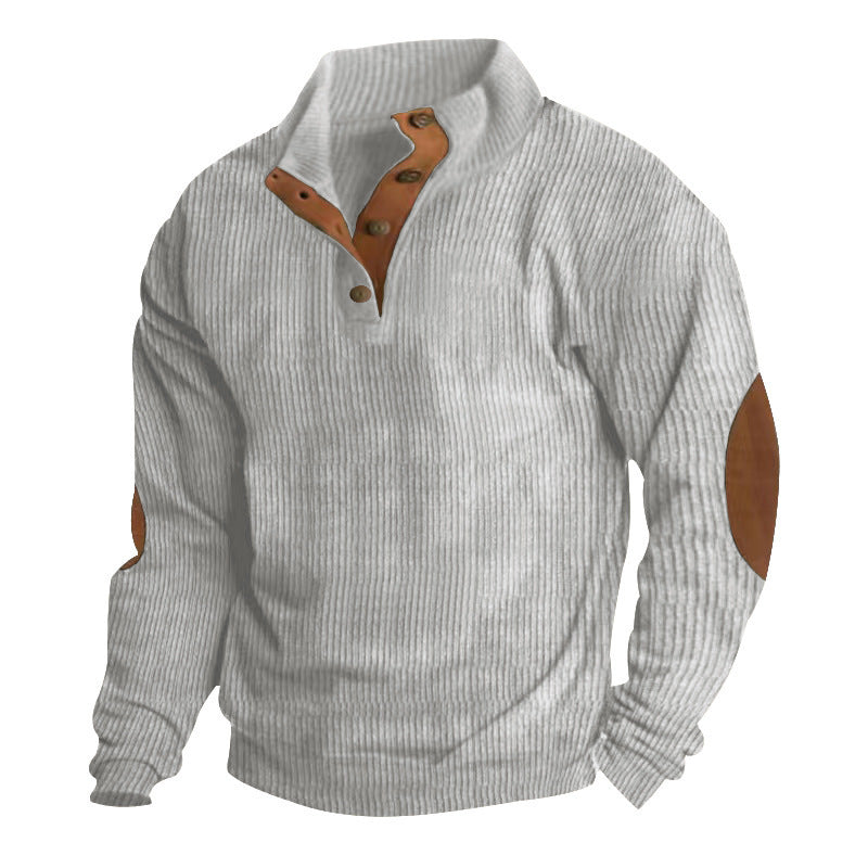Herre nan grovstrikket sweater med ståkrave, knapliste og kunstlæderalbuepatches Skovae