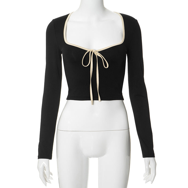 Dame cropped T-shirt med dekorativ bindebånd Skovae