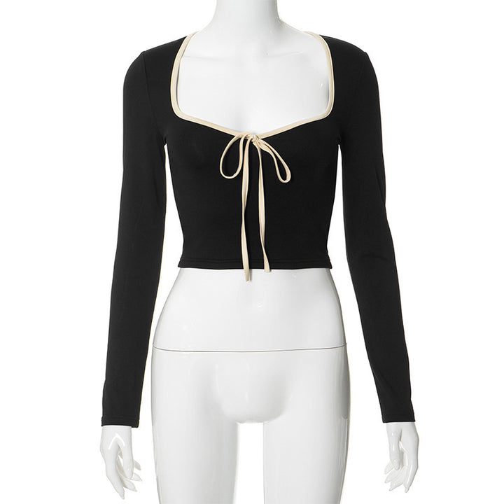 Dame cropped T-shirt med dekorativ bindebånd Skovae