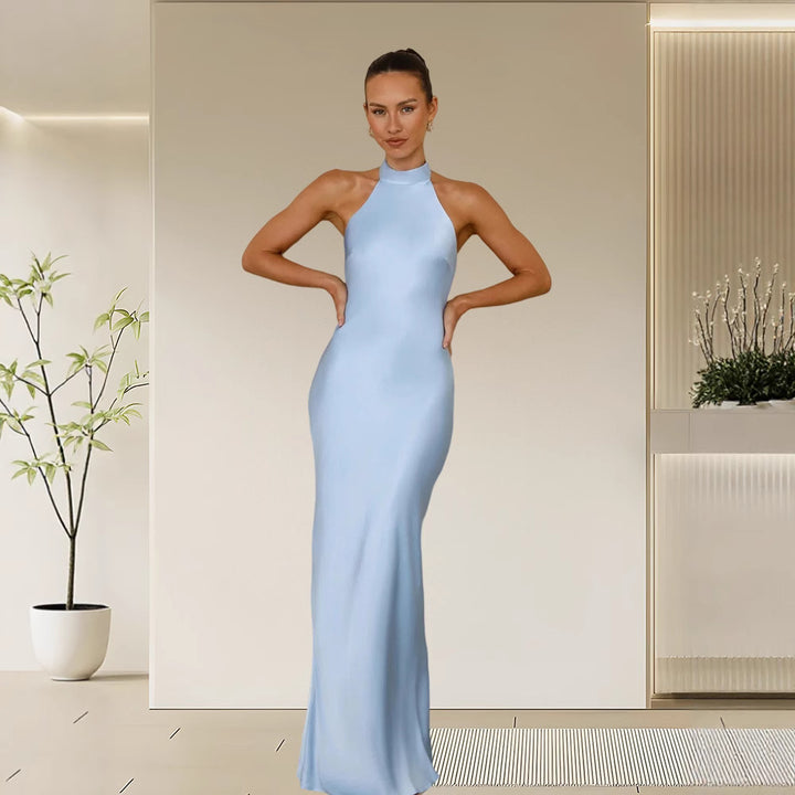 Damer Elegant Satin Maxi Kjole med Høj Krave og Tætsiddende Pasform Skovae