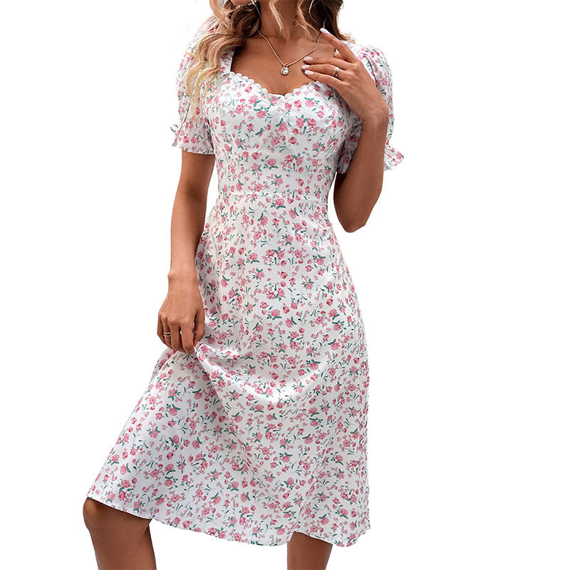 Dame Puffærmet Blomsterkjole Midi Stilla