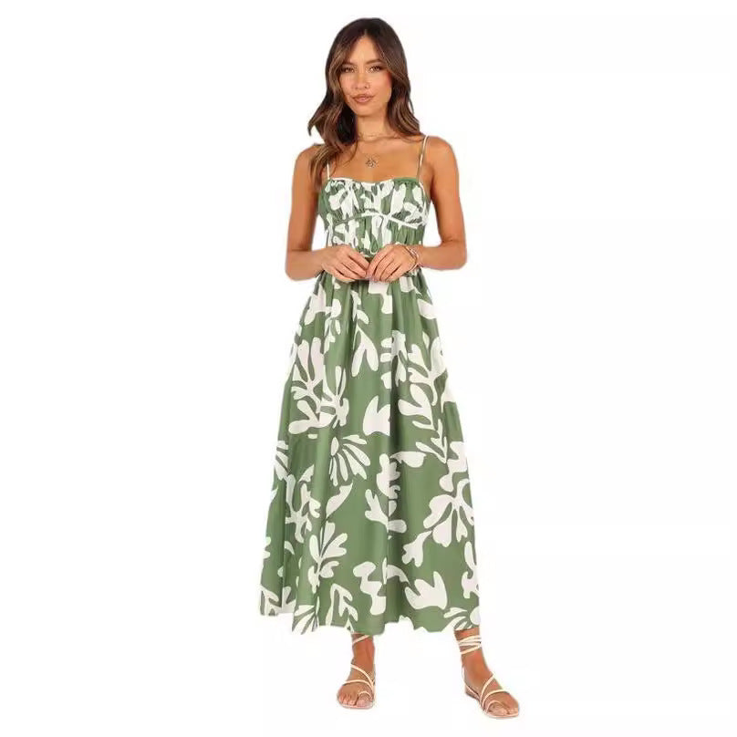 Dame Smocked Maxi Kjole med justerbare stropper Stilla