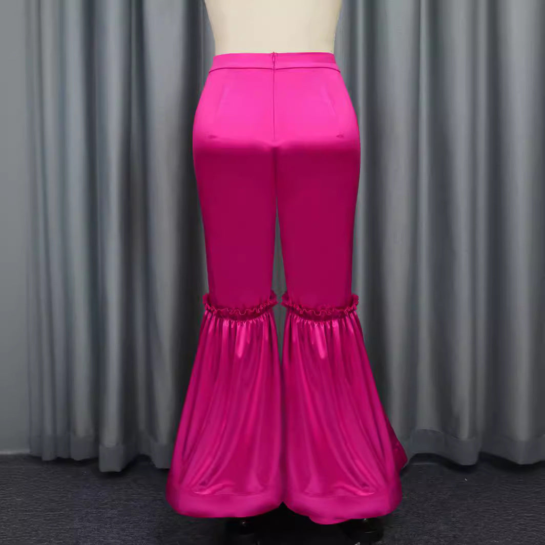 Dame elegant bukser med voluminøse flæser og satin-detaljer Skovae