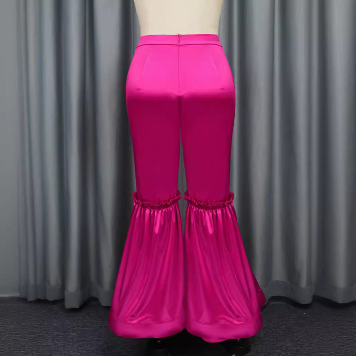 Dame elegant bukser med voluminøse flæser og satin-detaljer Skovae