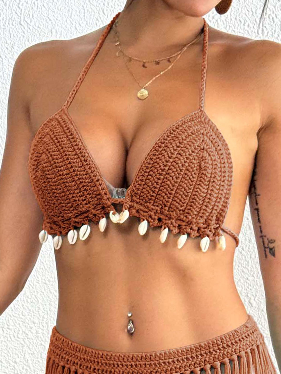 Dame Hæklet-Bikini-Top med Muslingpryd og frynset Design Stilla