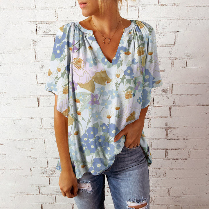 Stilla | Afslappet Floral Print V-hals Kort Ærme Overstørrelse Top Bluse