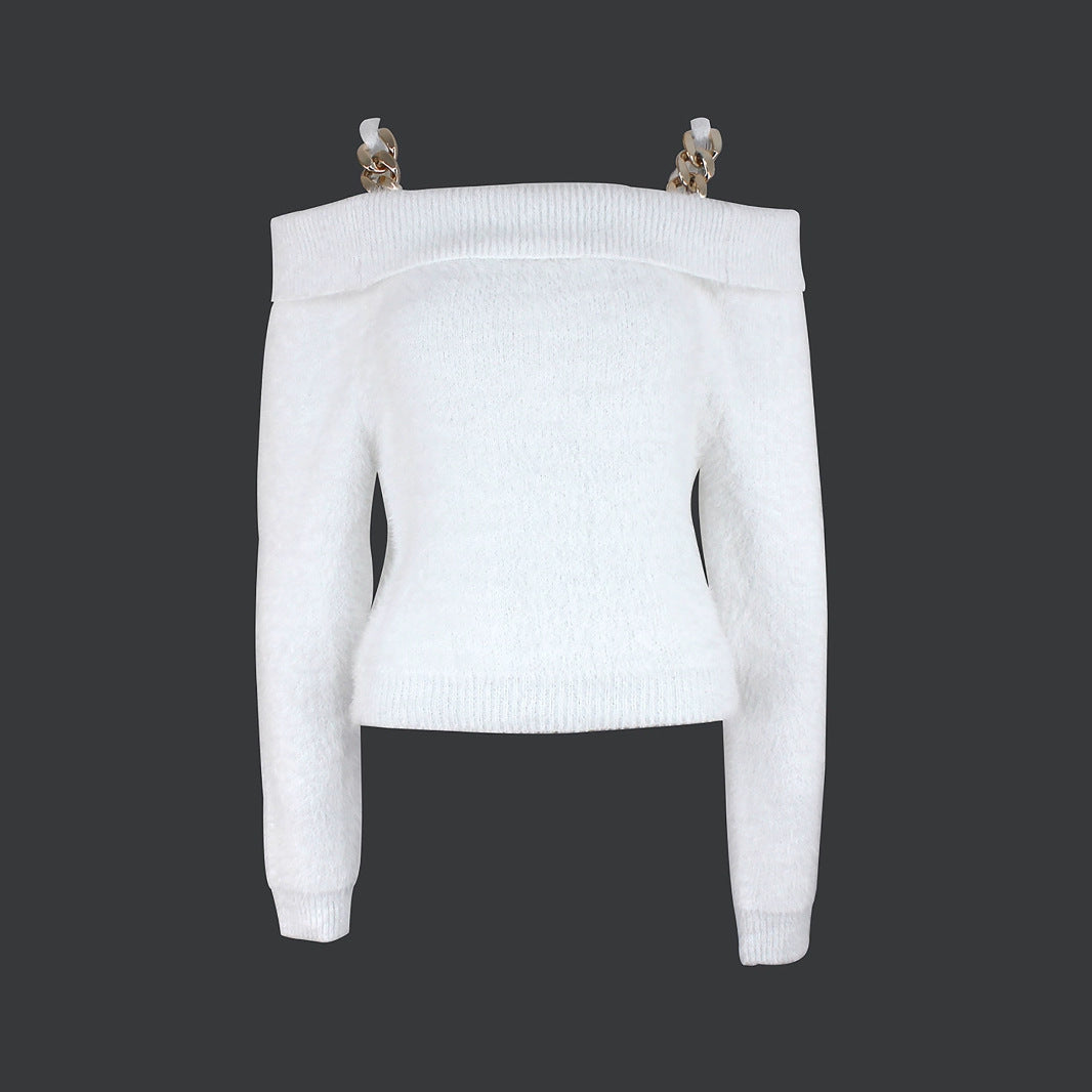 Dame skulderfri, elegant pullover med dekorative kædeaccentuer Stilla