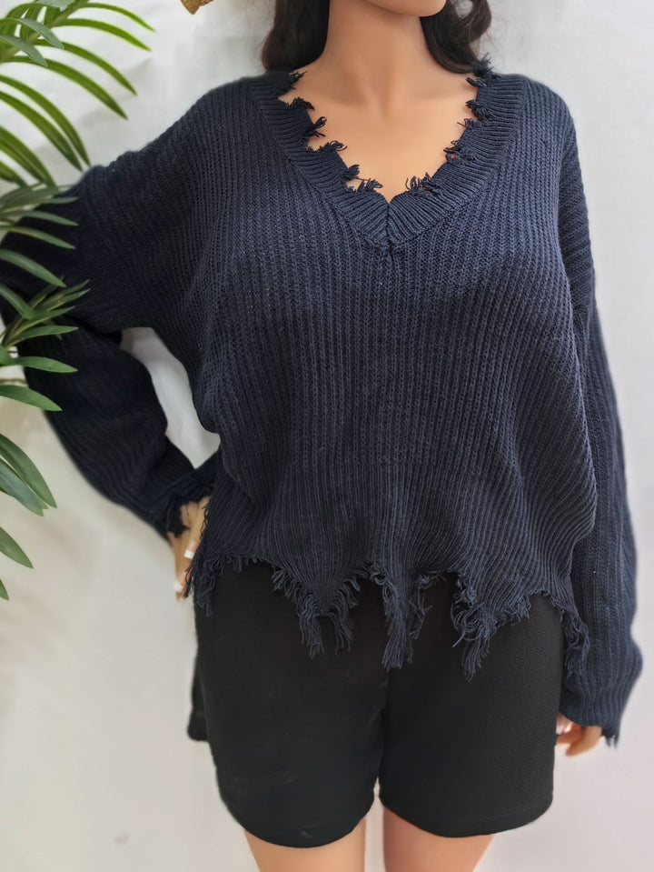 Dame afslappet V-udskæring sweater med frynset detalje Stilla
