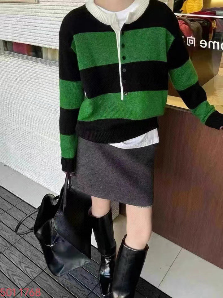 Dame sporty strikket sweater med knaplukning og grafisk mønster Stilla