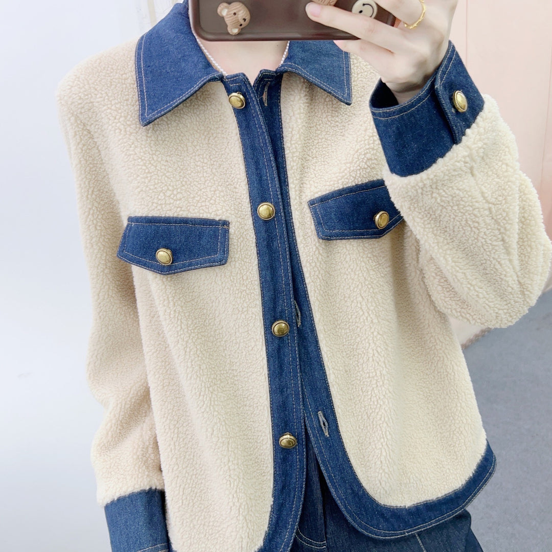 Dame Fleecejakke med Denim-detaljer Stilla
