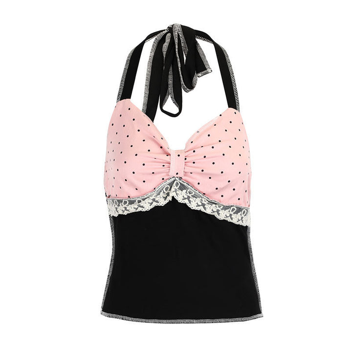 Dame halterneck top med romantisk spidsdetalje og elegant polka-dot mønster Skovae
