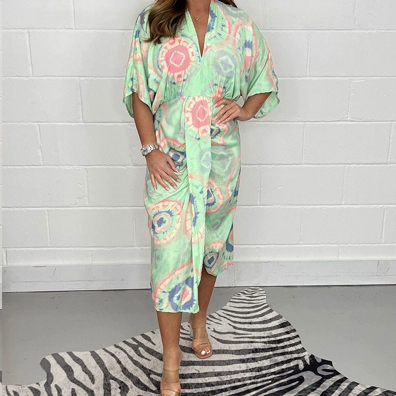 Dame Kaftan-kjole med moderne grafikdesign og elastisk taljebånd Stilla