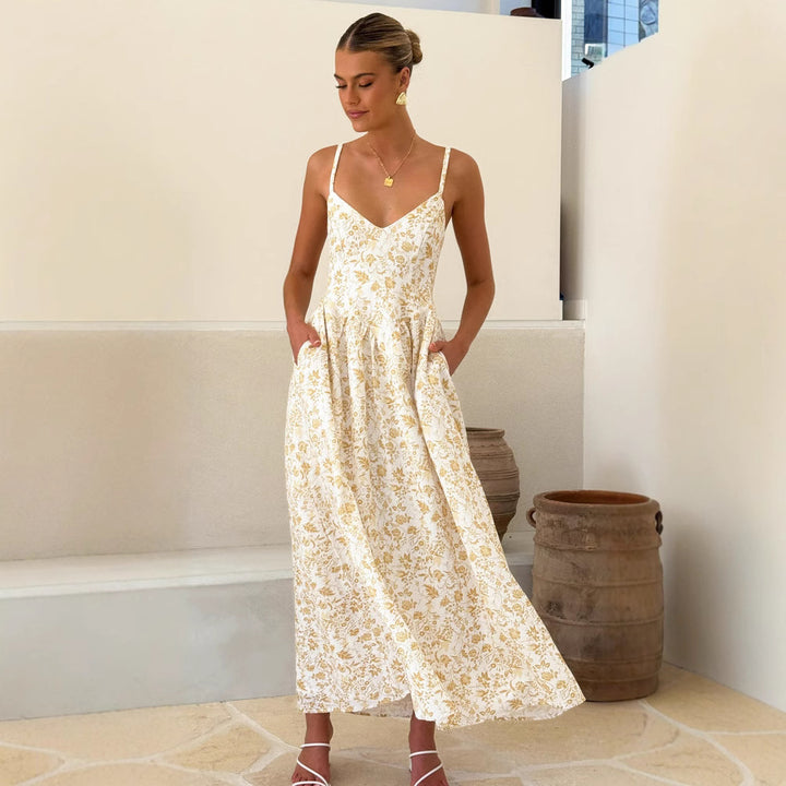 Damer Elegant Maxi Kjole med Fin Blomster Mønster og Delikate Spaghetti Stropper Stilla