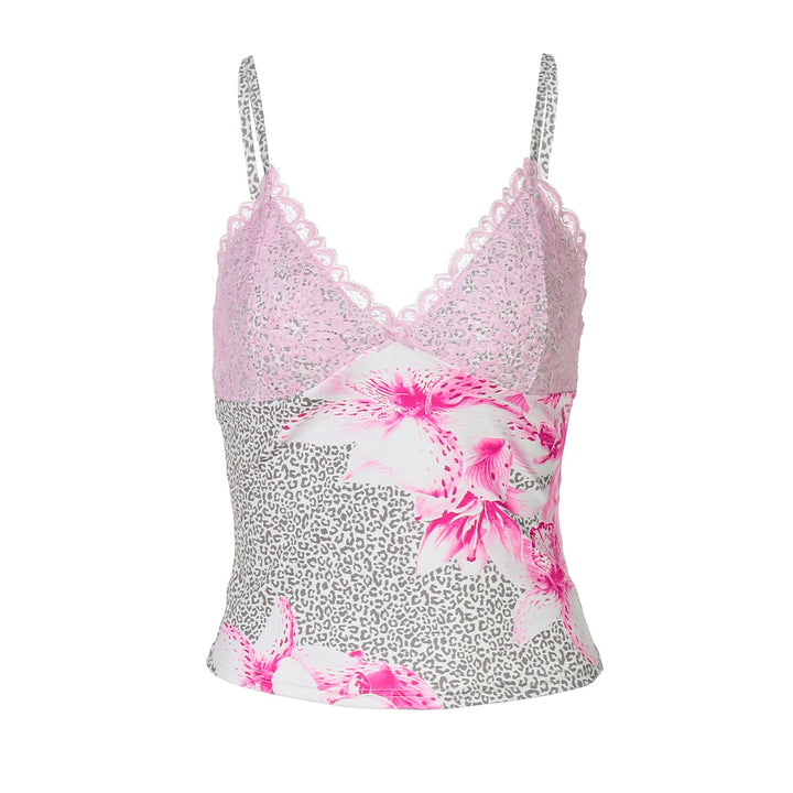 Dame spaghetti straps top med blomster mønster og lace Skovae
