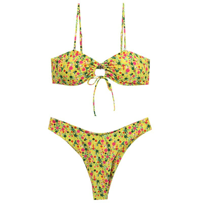 Dame Floral-Print Bikini-Sæt med justerbar knude lukning Stilla