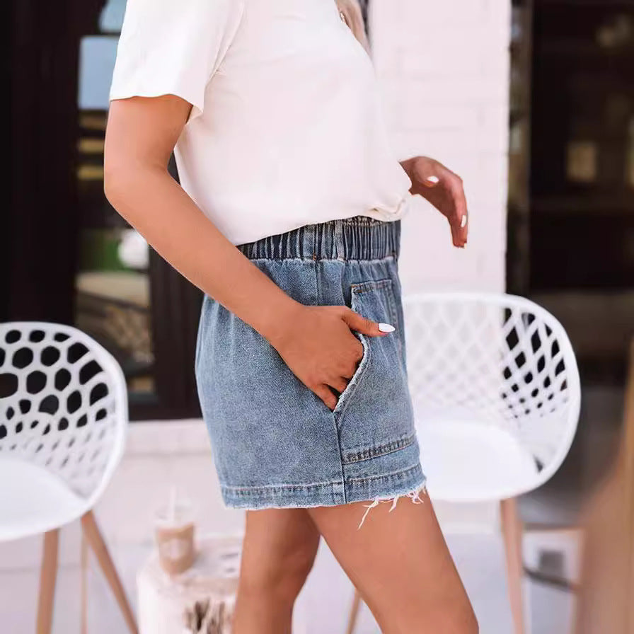 Dame Behagelige Denim-Shorts med elastisk talje og sidelommer Stilla