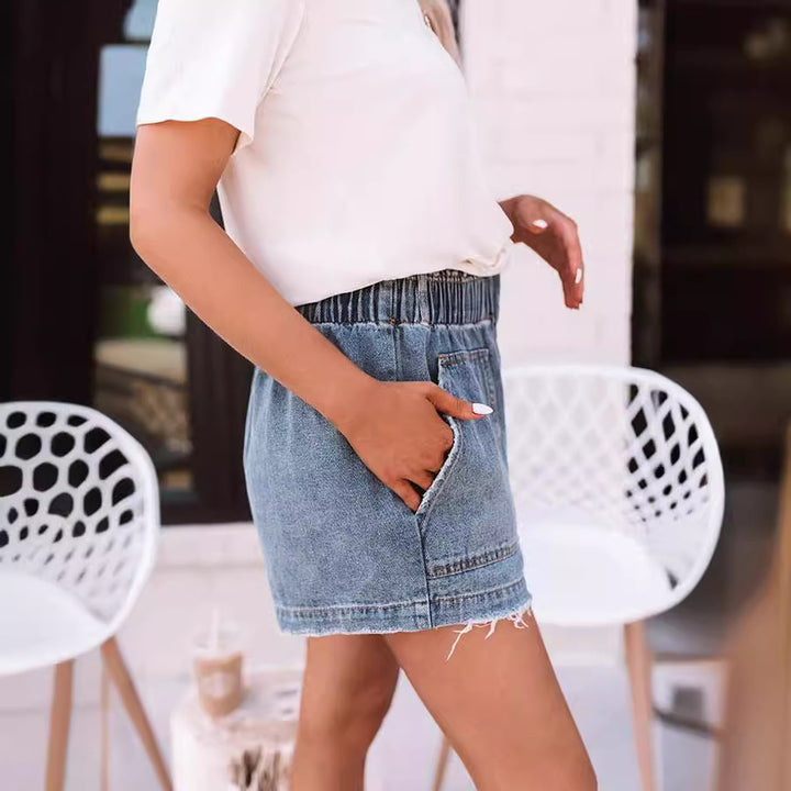 Dame Behagelige Denim-Shorts med elastisk talje og sidelommer Stilla