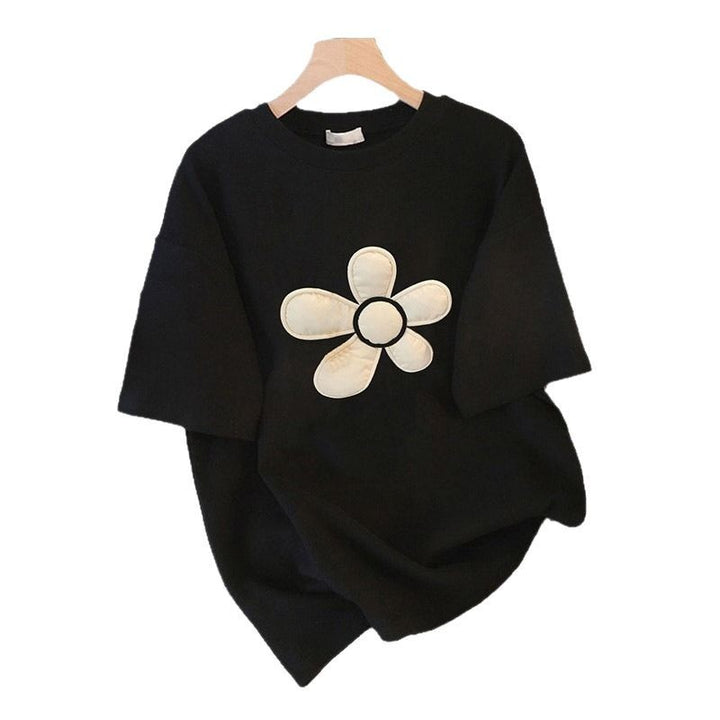 Dame T-shirt med stort, kunstnerisk blomsterapplikation Stilla