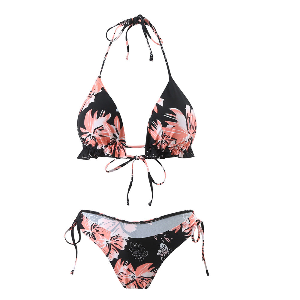 Damer triangel-bikini-sæt med legende flæse-detaljer og blomstret design Stilla