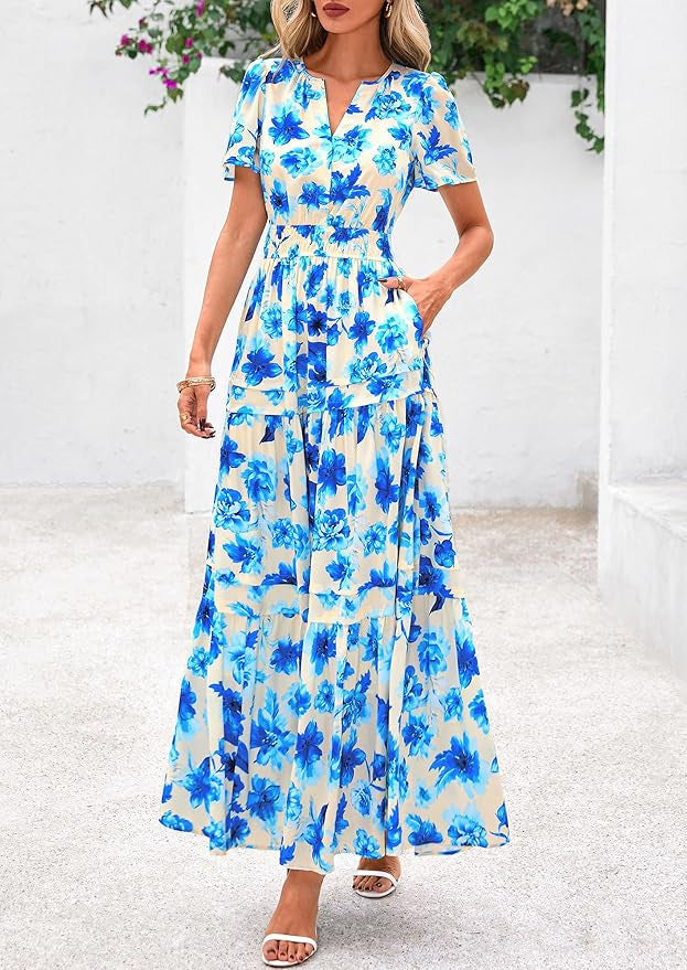 Dame Maxikjole med blomsterprint og elastisk talje Stilla