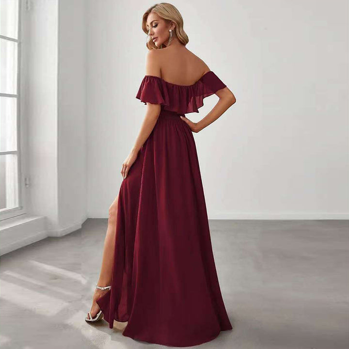 Dame Off-Shoulder Maxikjole med Flæse Detaljer og Slids Stilla