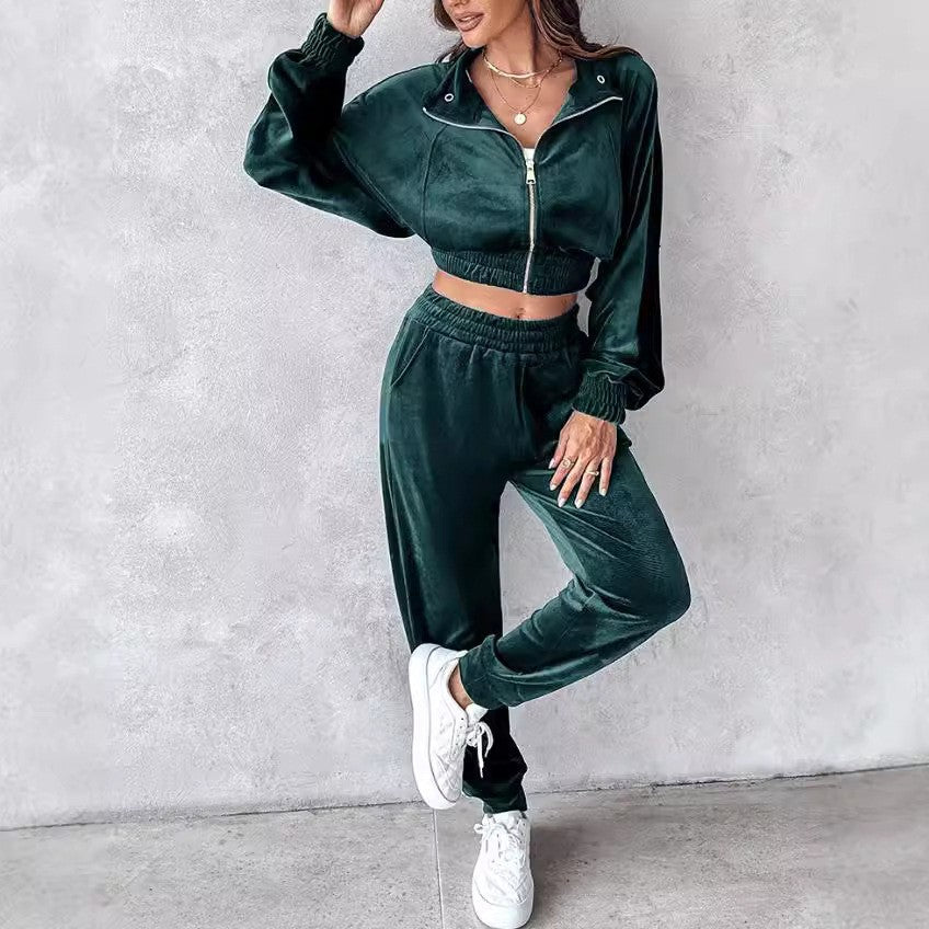 Dame Sporty Velours-Sæt med Cropped-Jakke og Joggingbukser Stilla