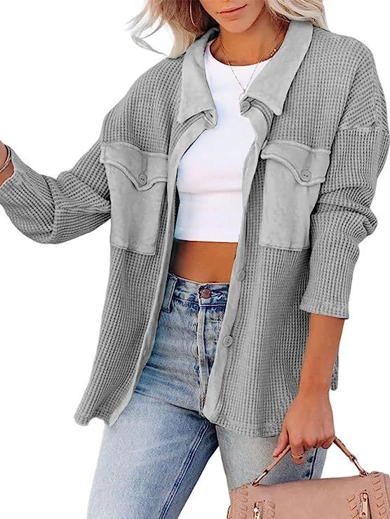 Dame oversized skjortejakke med tofarvet struktur og praktiske lommer Stilla