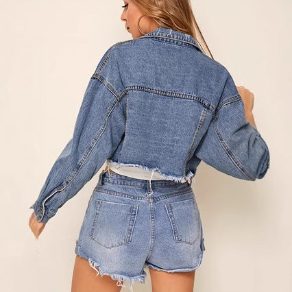 Damer cropped Jeansjakke i afslappet vintage-stil med frynser Stilla