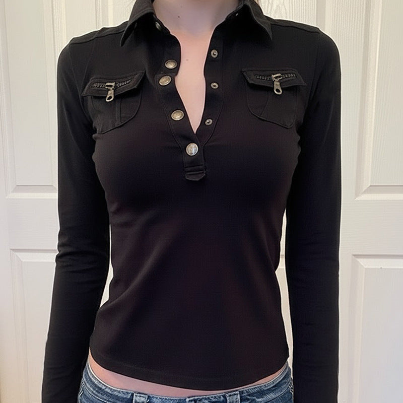Dame polo shirt med stilfulde lommer og elegante trykknapper Skovae